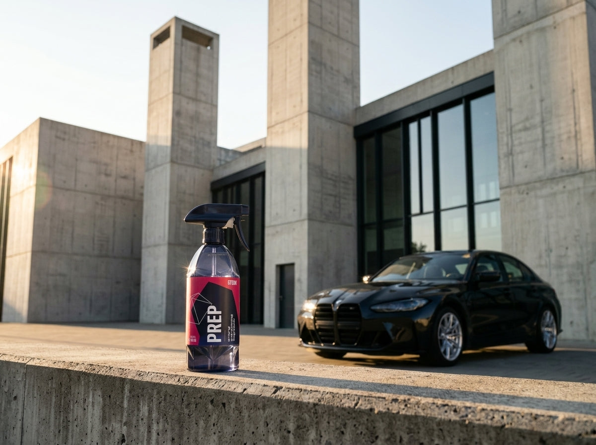 GYEON Q²M Prep Flasche auf poliertem dunklem Lack in einer professionellen Aufbereitungsgarage