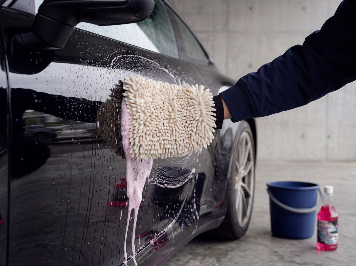 Zwei-Eimer-Handwäsche mit Mikrofaser-Waschhandschuh und pinkem Shampoo-Teufel Schaum auf schwarzer Porsche Türpartie
