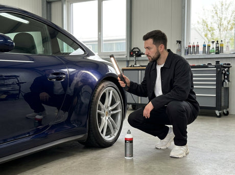 Daniel untersucht Swirl-Kratzer an dunkelblauem Sportwagen — Schleifpolitur fürs Auto — Schleifgrad, Körnung und das richtige System