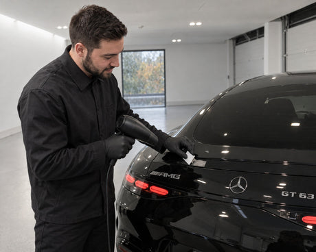Detailing1 retirer un autocollant sur une Mercedes-AMG GT 63 noire — sèche-cheveux chauffe la colle, carte soulève le coin