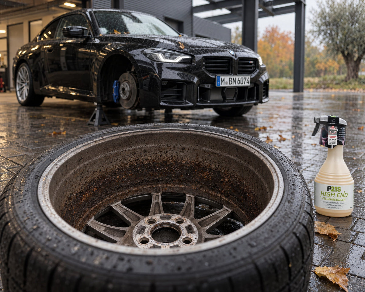 Dr. Wack P21S HIGH END Nettoyant jantes à côté d'une roue de BMW M2 démontée, poussière de frein incrustée dans le fût