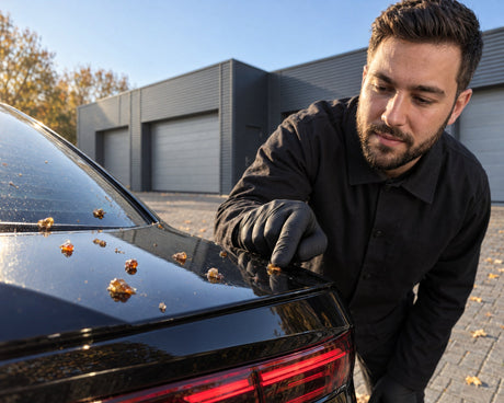 Detailing1 ingedroogde boomhars op een zwarte Audi RS 5 — Daniel controleert de harde harsdruppels op de kofferklep