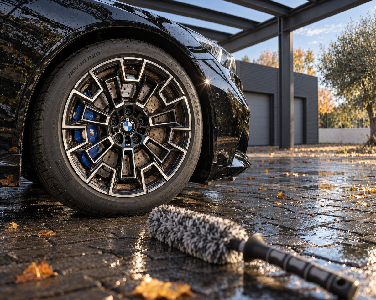 THE COLLECTION Flex Brush microvezel velgenborstel op nat plaveisel voor de remstofvelg van een zwarte BMW M5