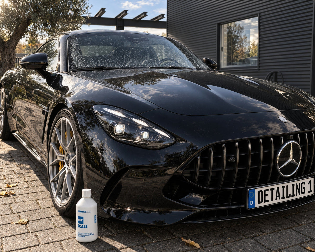 INNOVACAR "100%" Scale voor een zwarte Mercedes-AMG GT met witte kalkvlekken op de voorruit — getoond in het artikel “Kalkvlekken op de autoruit verwijderen zonder het glas te krassen”