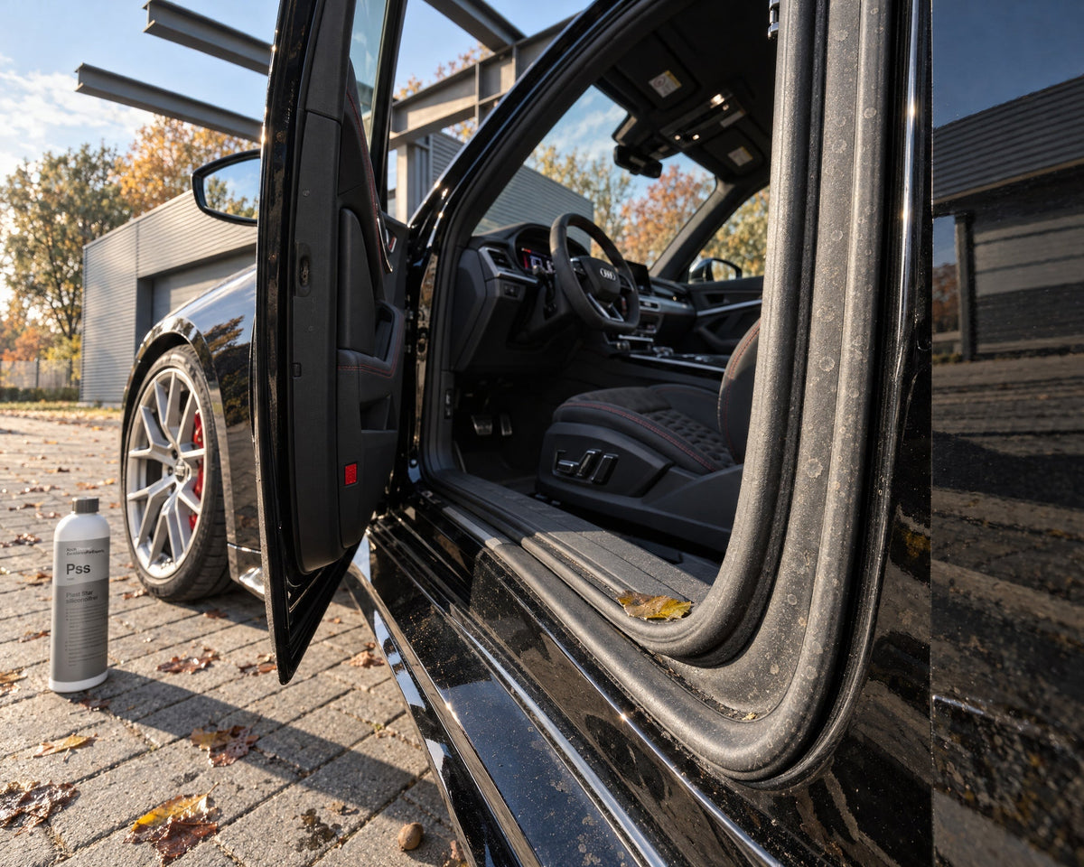 Koch-Chemie Plast Star près de la portière ouverte d'une Audi RS 5, joint poussiéreux et terne avant le premier gel