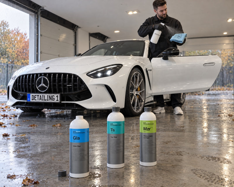 Detailing1 Spotlight: Koch-Chemie Glas Star Gla, Top Star Ts und Mehrzweckreiniger Mzr vor weißem Mercedes-AMG GT 63
