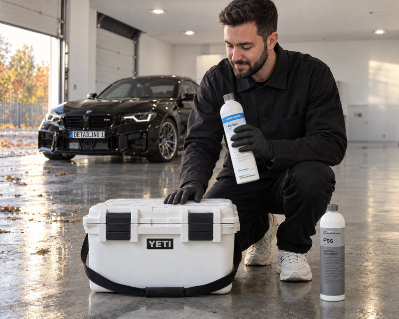 Daniel von Detailing1 mit COLOURLOCK Pol Star an der YETI LoadOut GoBox 30, daneben Koch-Chemie Plast Star Pss, BMW M2