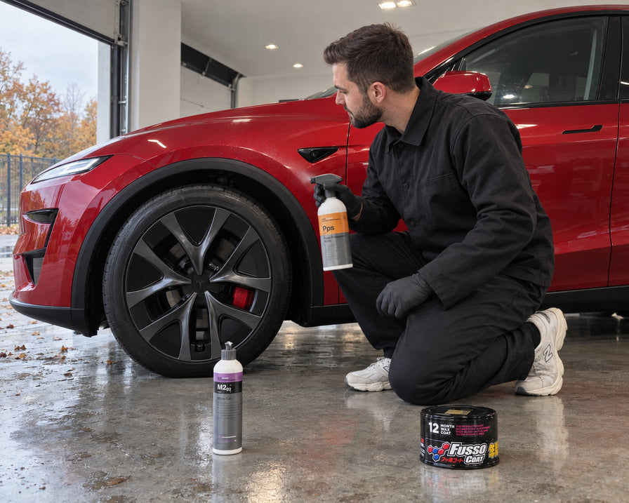 Detailing1 Spotlight: Koch-Chemie Micro Cut M2.02, Pps und Soft99 Fusso Coat am Boden neben rotem Tesla Model Y