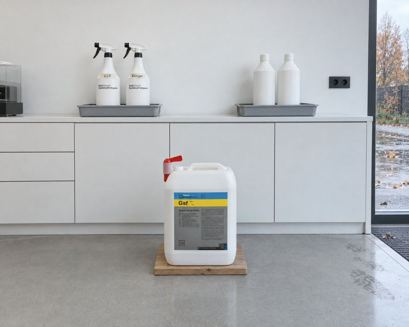 Detailing1 sorted storage — labelled spray bottles in separate tubs, Gsf canister with outlet tap on a wooden board