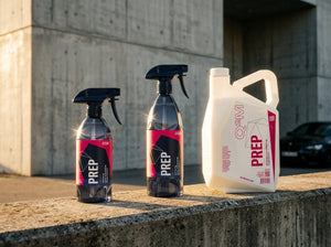 GYEON Q²M Prep Lineup — alle drei Gebindegrößen 500ml, 1L und 4L nebeneinander