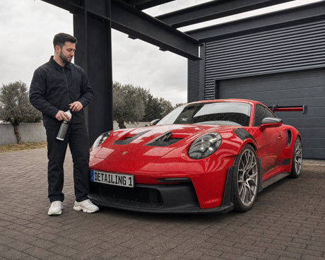 Daniel steht mit dem Koch-Chemie Quick & Shine Quick Detailer am pollenbestäubten roten Porsche 911 GT3 RS — gezeigt im Artik
