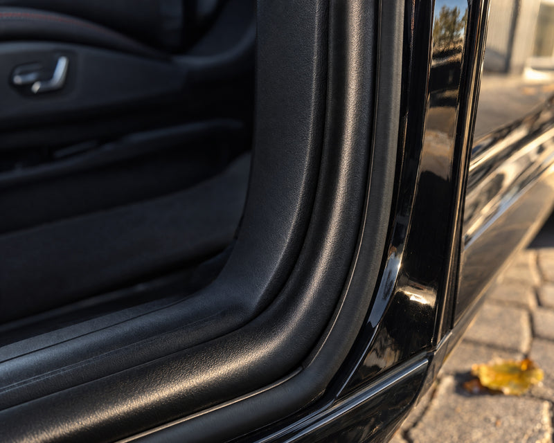 Treated, dry door seal on the Audi RS 5 in deep black after rubber care before winter