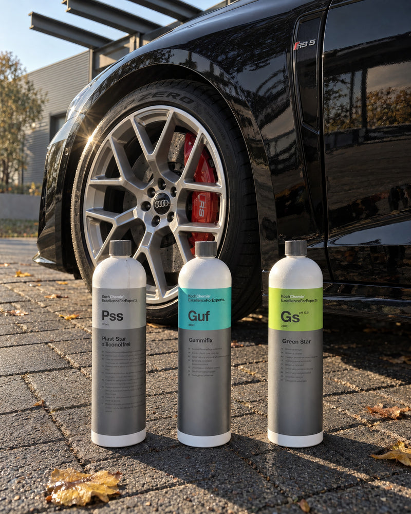 Koch-Chemie Plast Star, Gummifix and Green Star on the paving in front of the front wheel of an Audi RS 5