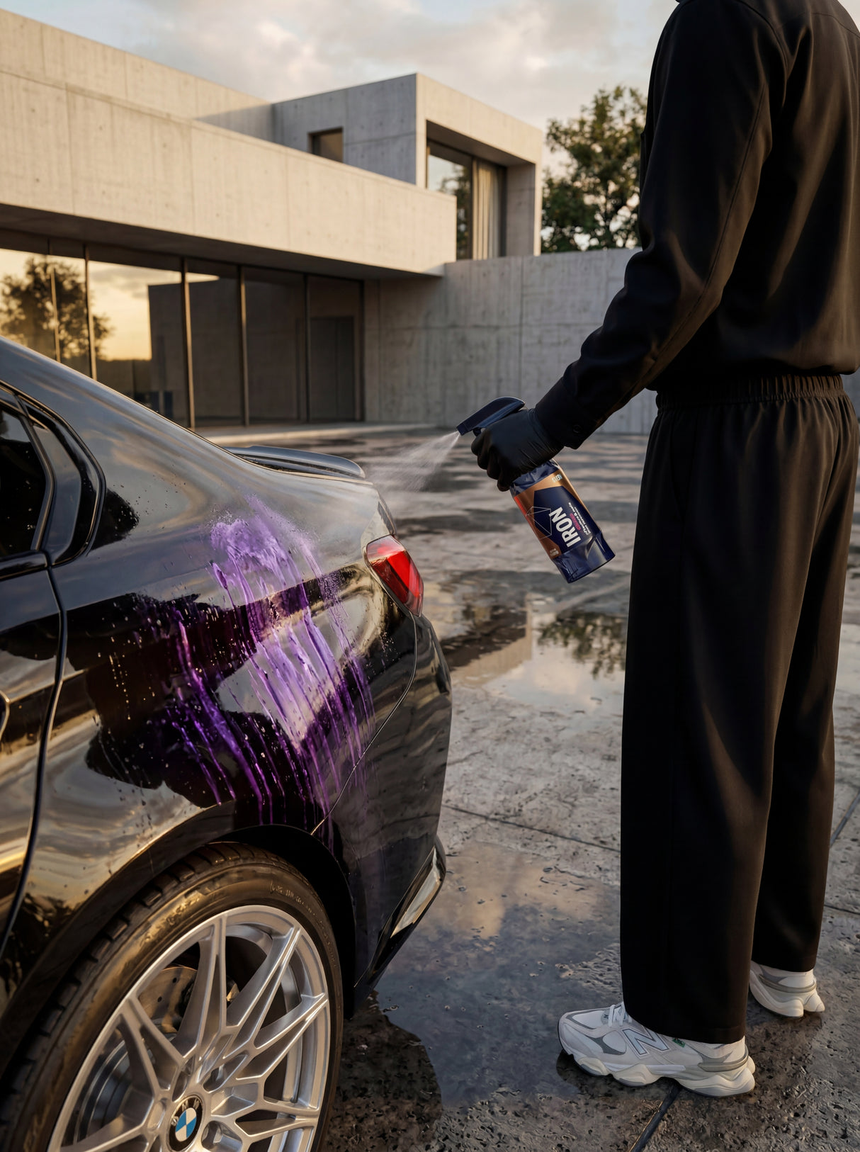 GYEON Q²M Iron Anwendung mit violettem Farbumschlag auf schwarzem Lack